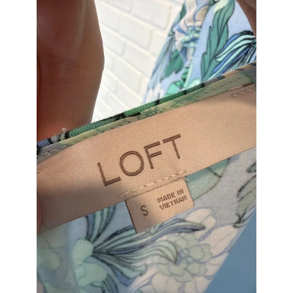 Loft Floral Puff-Sleeve Blouse Blue Green Small